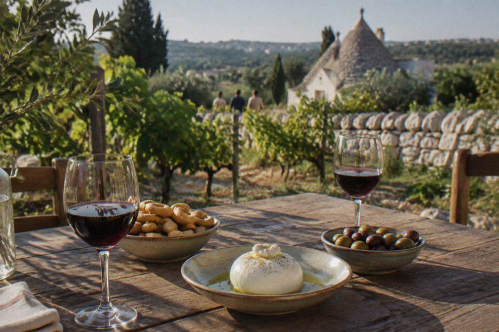 A wooden table among vines with glasses of red wine, plates of taralli, burrata and olives, a dry-stone wall and a conical-roofed farm house blurred behind, Locorotondo
