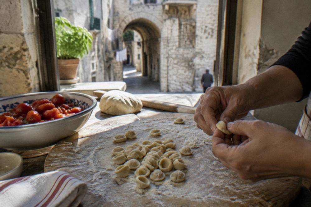 A rustic kitchen worktop dusted with flour, a wooden board, a pair of hands shaping small orecchiette with a thumb, a bowl of tomatoes, no face visible, window light, Bari Vecchia