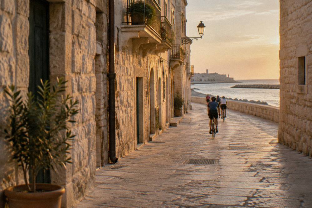 A group of cyclists far off riding single file along a pale paved old-town lane, helmets and bicycles, soft light, Bari Vecchia