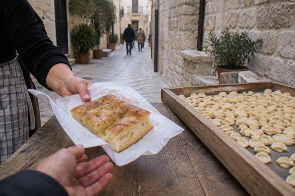 A hand passing a slice of golden focaccia cut on white paper across a wooden table in a narrow lane, a tray of orecchiette drying beside it, Strada Arco Basso