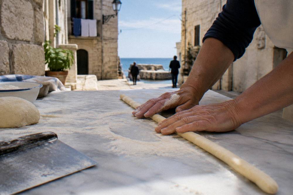 Hands rolling a rope of pasta dough on a marble counter, a bench knife and a dusting of flour, close view, soft light, Bari Vecchia