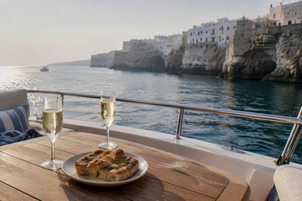A boat table on deck with two glasses of prosecco and a plate of focaccia, the cliffs of a white town blurred behind, sun on the water, framed wider with more foreground, Polignano a Mare