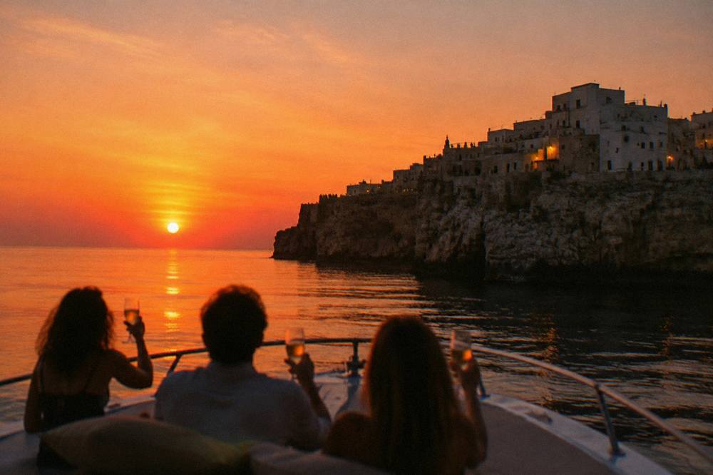 A boat at sunset with the cliff-top town in silhouette, passengers seated at the bow, glasses raised far off, an orange sky, Polignano a Mare