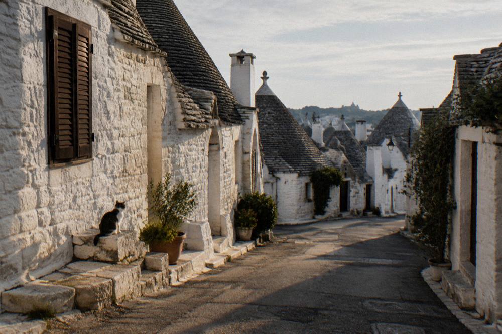 A quiet early-morning lane of conical-roofed houses before the crowds, long shadows, a cat on a step, shuttered windows, Alberobello