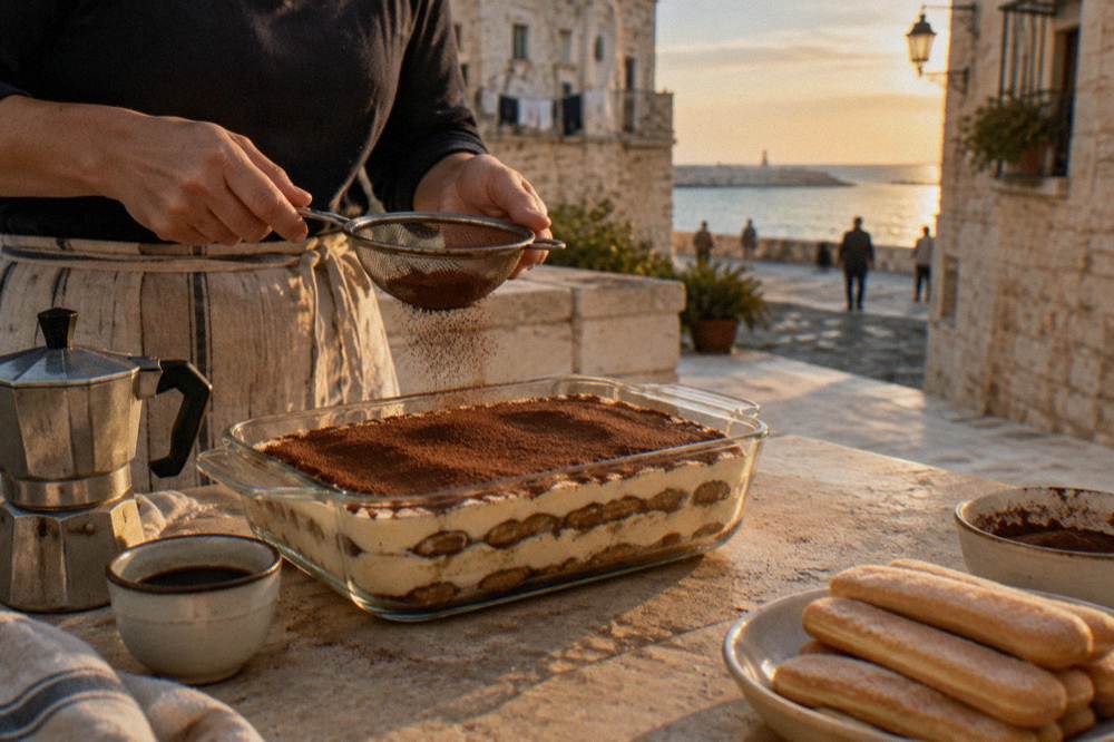 A glass dish of layered tiramisu being dusted with cocoa, a sieve held over it, ladyfingers and a coffee pot on the counter, no face visible, Bari Vecchia