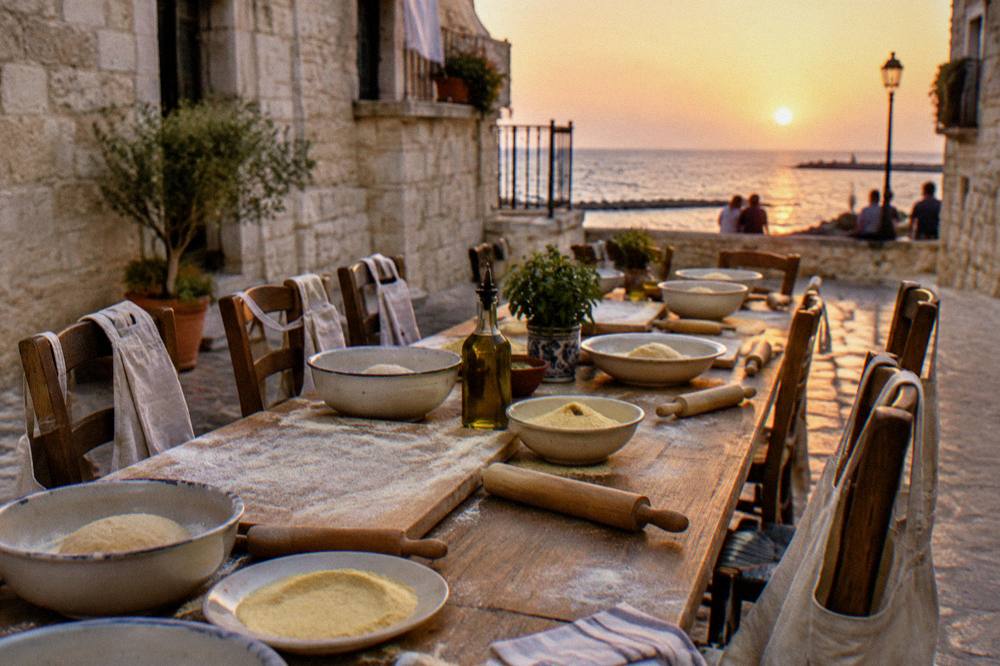A long wooden table laid for a class, bowls of dough and semolina, rolling pins, aprons on chair backs, a bottle of olive oil, soft daylight, Bari Vecchia