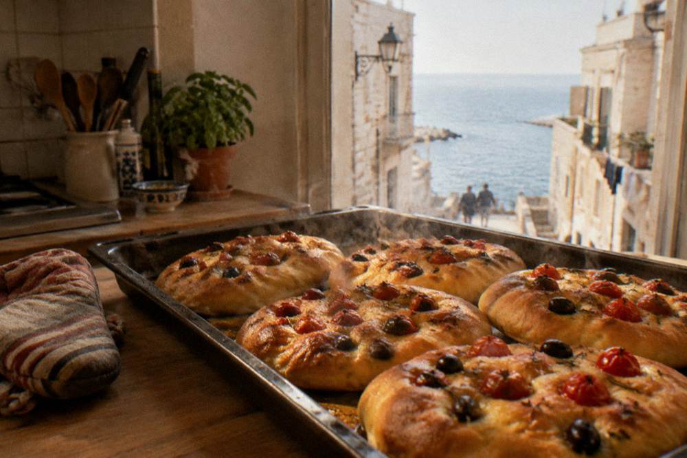 A baking tray of round focaccia with cherry tomatoes and olives just out of the oven, steam rising, oven gloves beside it, warm kitchen light, Bari Vecchia