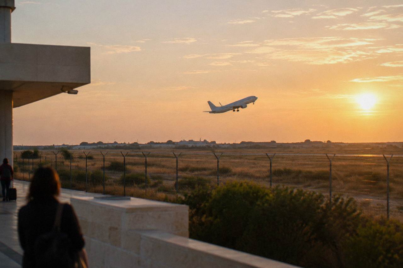 Plane taking off low over scrubby fields beyond a perimeter fence at golden hour