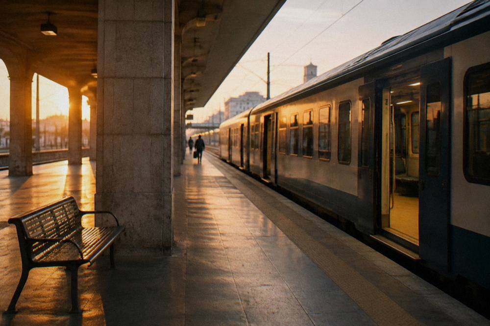 Railway platform at golden hour with a plain regional train waiting with open doors and an empty bench