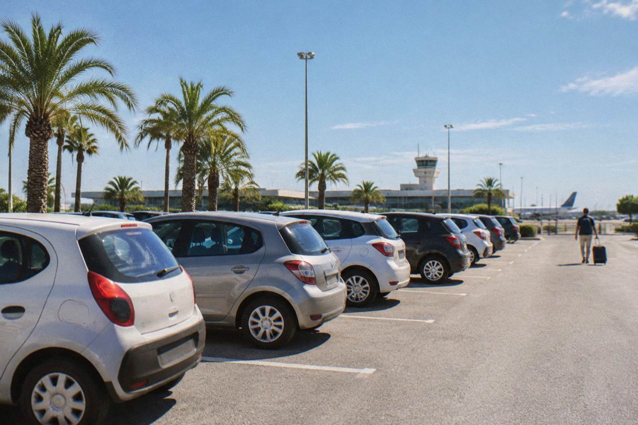 Rows of plain small rental cars in an airport car park with palm trees and a distant traveller with a suitcase