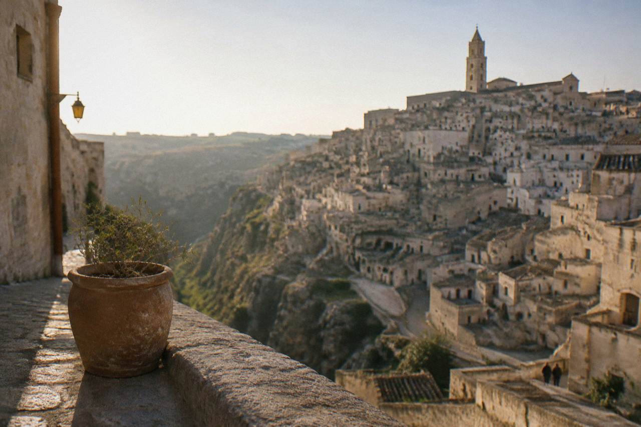 Tiers of honey-coloured cave dwellings stacked on the side of a deep ravine below a cathedral bell tower