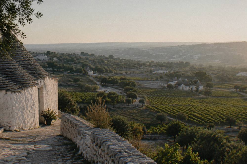 Valley of vineyards, dry-stone walls and conical-roofed farm houses seen from a hill town