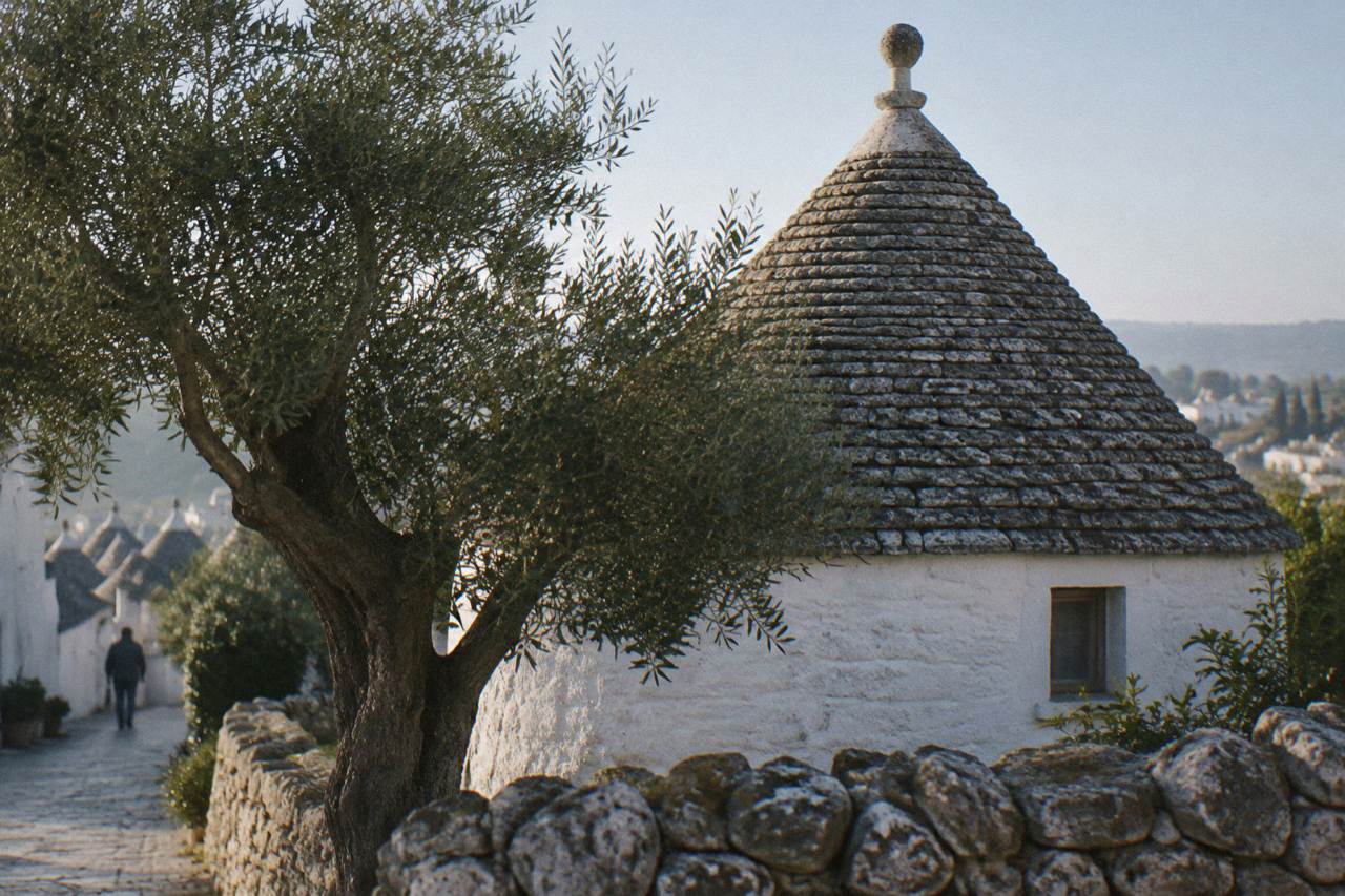 White house with a grey conical stone roof and a pinnacle behind a dry-stone wall and an olive tree