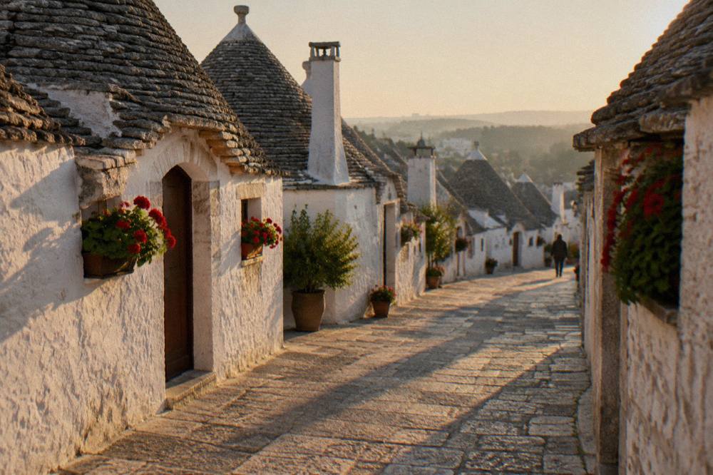 Quiet lane of conical-roofed houses at golden hour with long shadows and window boxes of geraniums