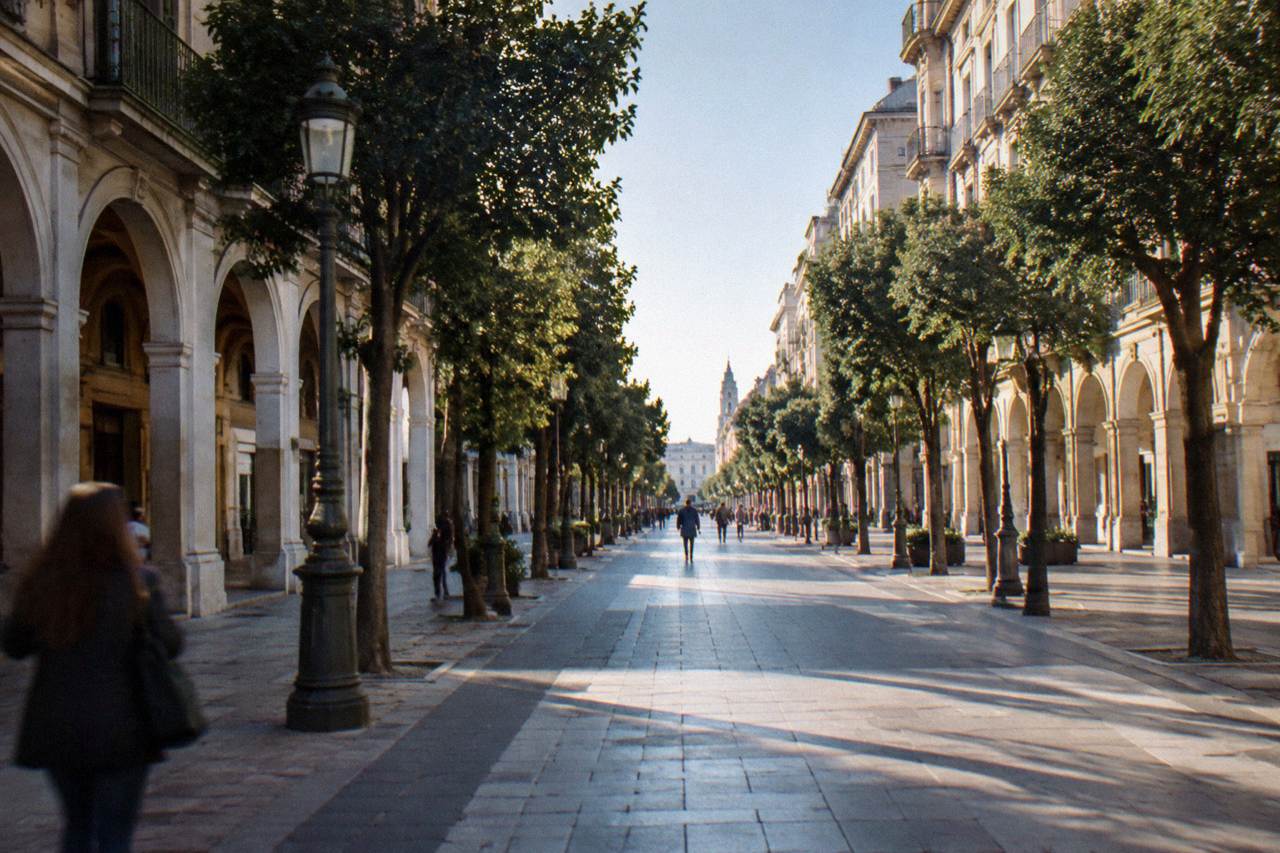 Long straight tree-lined boulevard of neoclassical buildings with arcaded ground floors