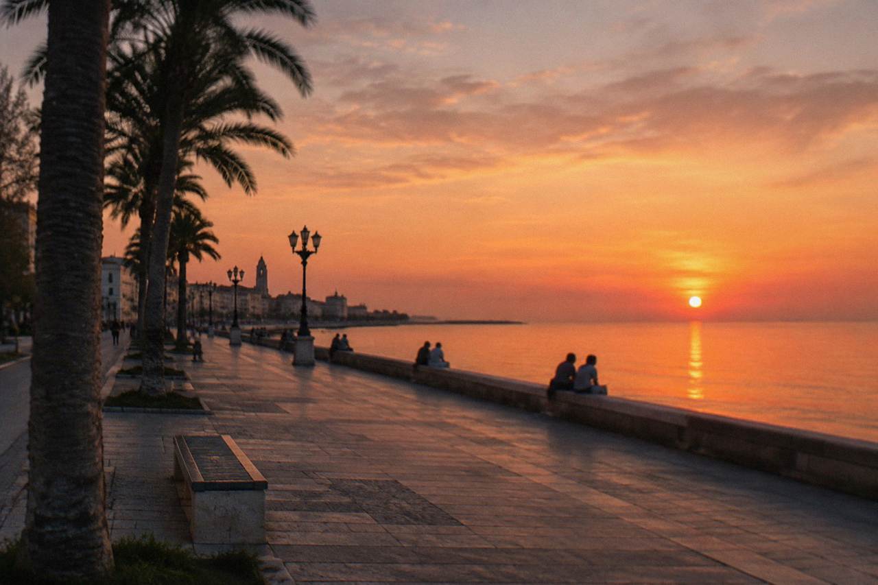Seafront promenade at sunset with distant people on the low sea wall, an orange sky and palm silhouettes