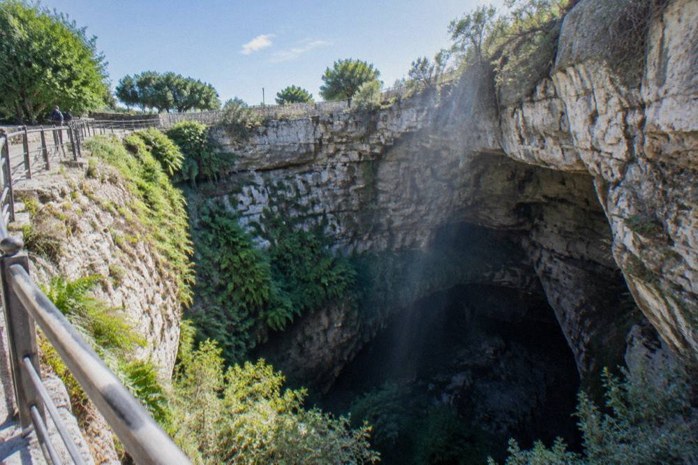 Wide karst sinkhole with rough pale rock walls, ferns and shafts of daylight reaching down