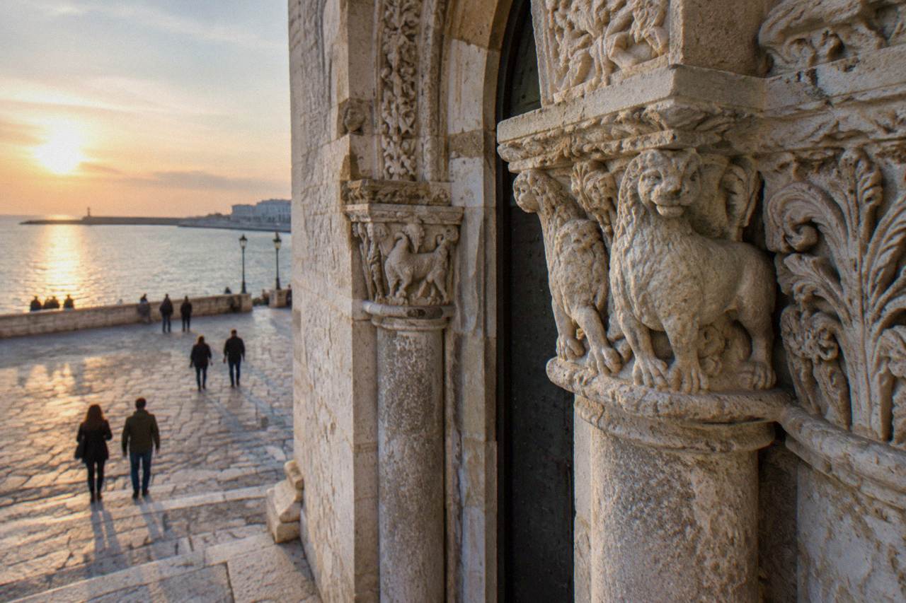 Weathered pale limestone carving of animals and foliage around a Romanesque church doorway in soft side light