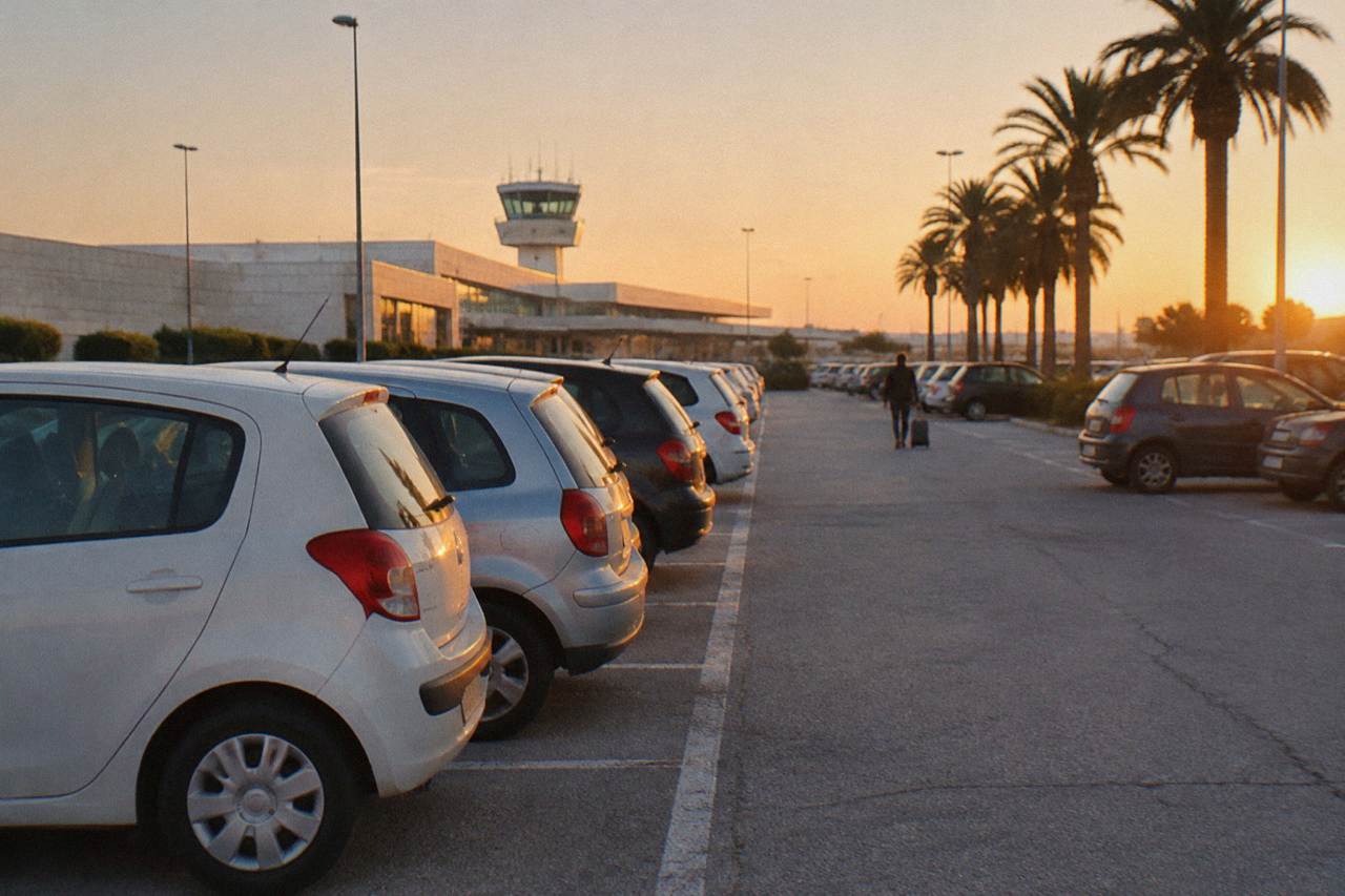 Rows of plain small rental cars in an airport car park with palm trees and a distant traveller with a suitcase