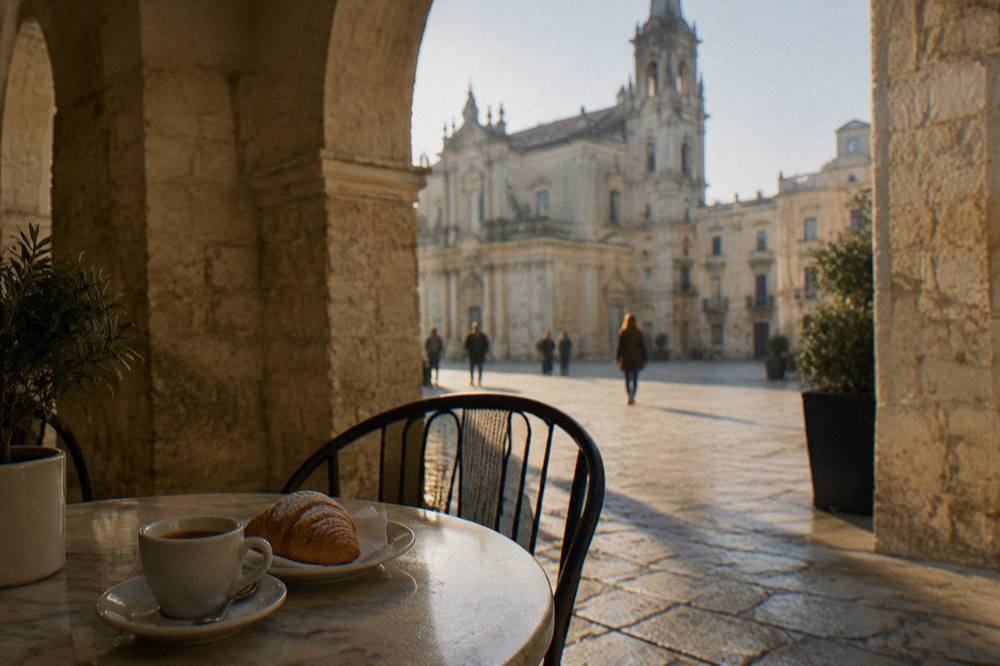 Cafe terrace under a stone arch with a cup of coffee and a pastry on a small table