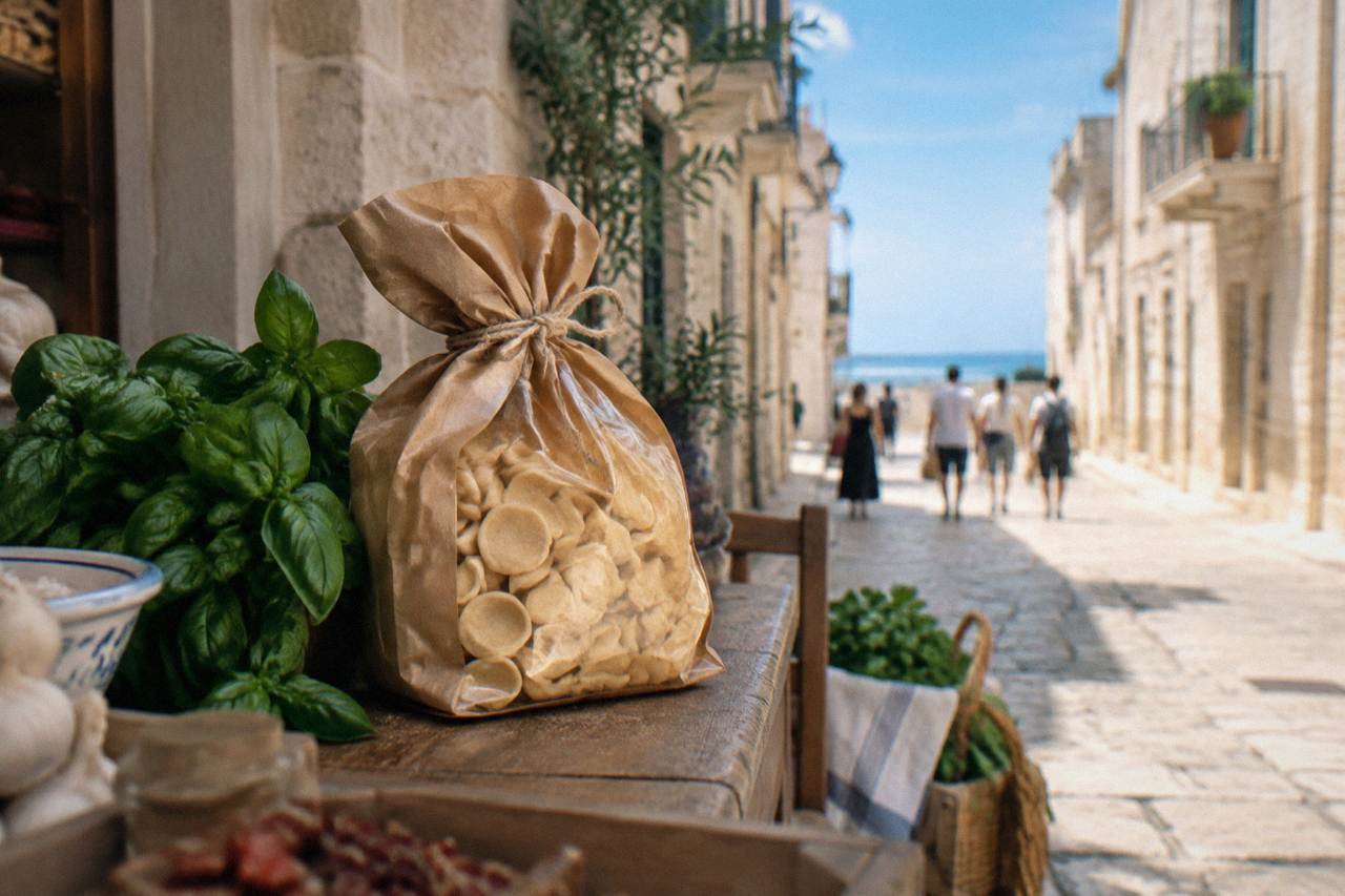 Paper bag of dried orecchiette tied with string on a wooden counter next to a bunch of basil