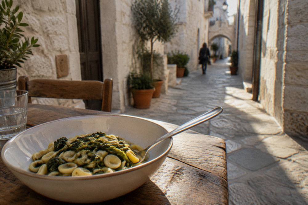 Bowl of orecchiette with turnip tops on a rustic wooden table in a stone lane