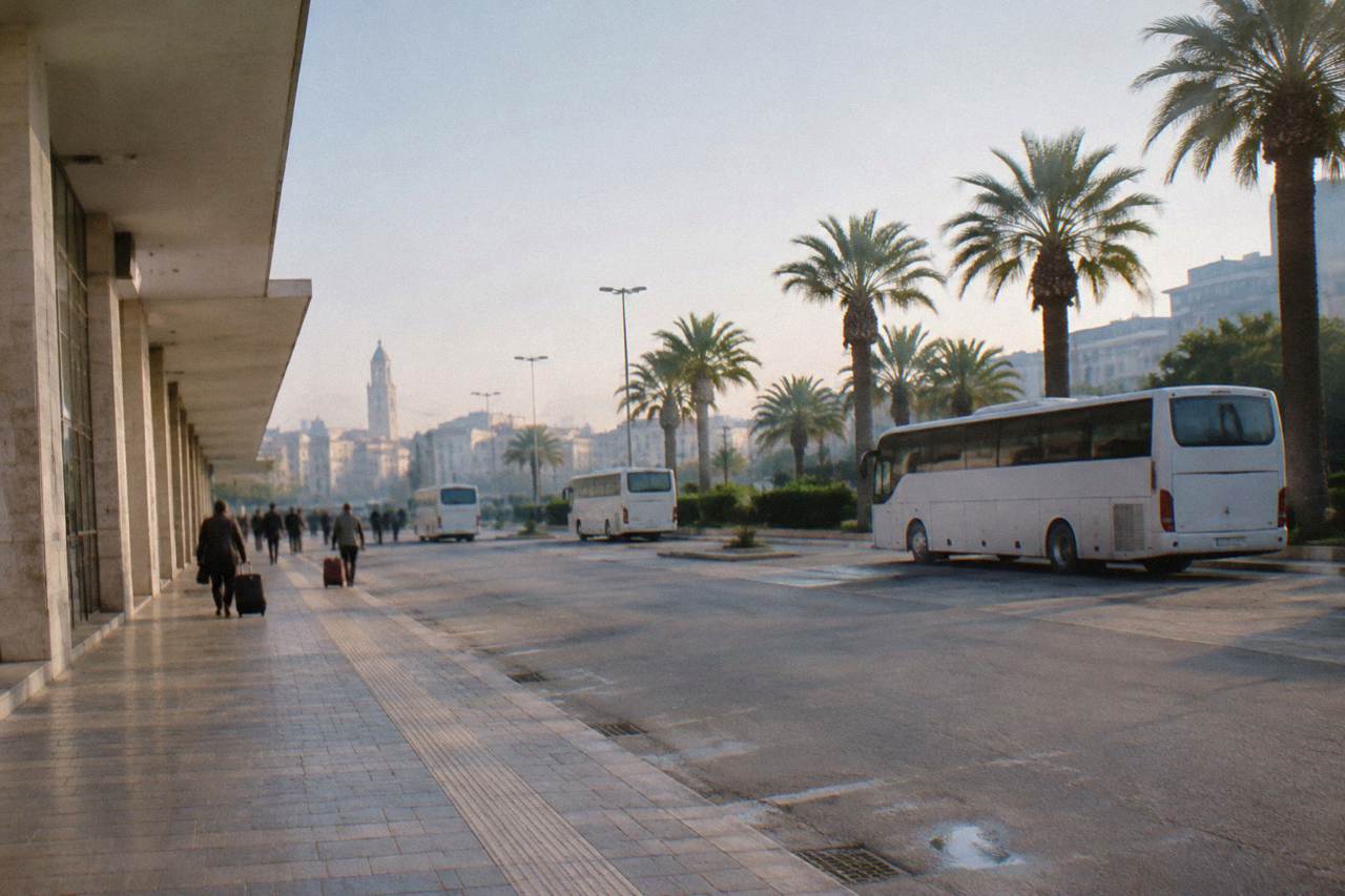 Station forecourt with plain white buses, palm trees and distant travellers with wheeled suitcases