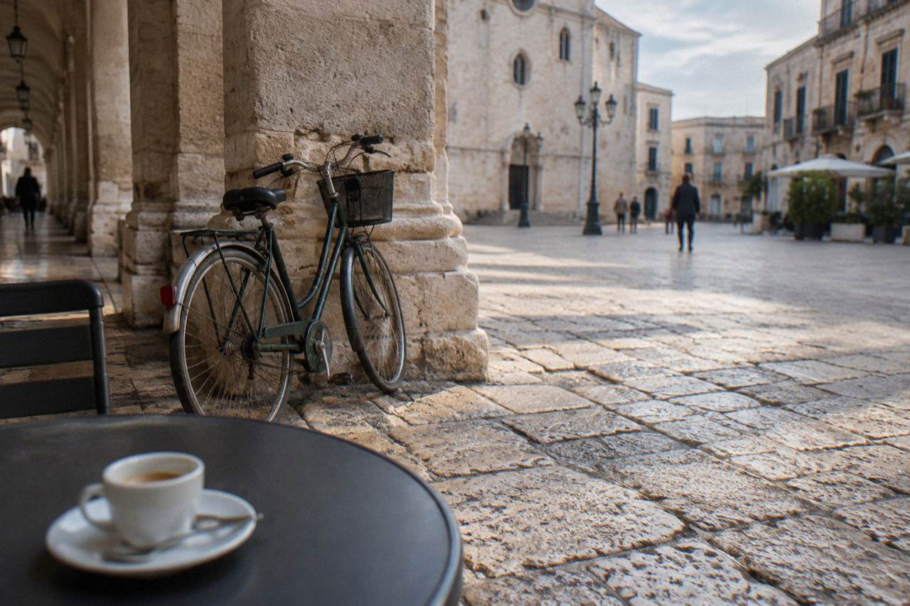 Worn limestone paving beside loggia arches with a leaning bicycle and an espresso cup on a small round table