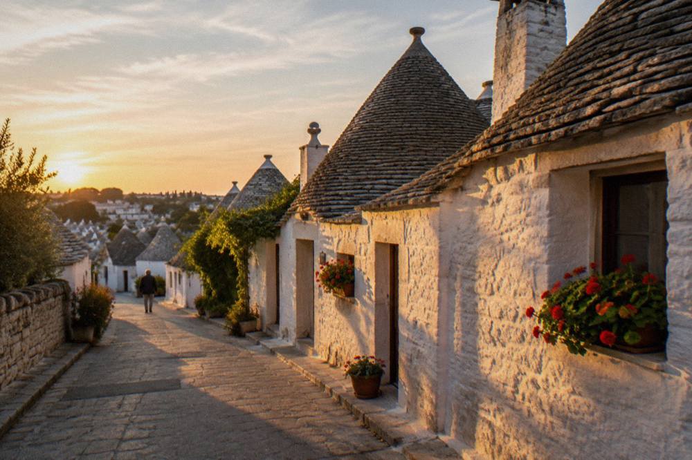 Quiet lane of conical-roofed houses at golden hour with long shadows and window boxes of geraniums