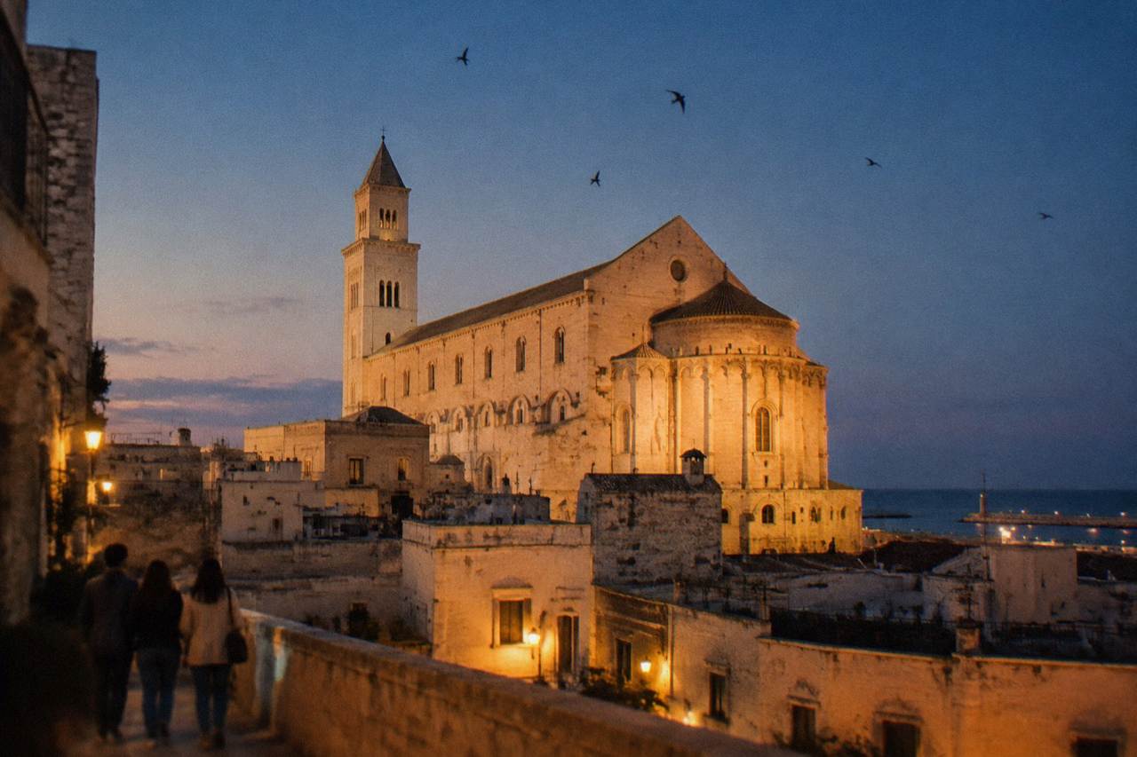Basilica apse and walls glowing in low evening light above old town rooftops with swifts in the sky