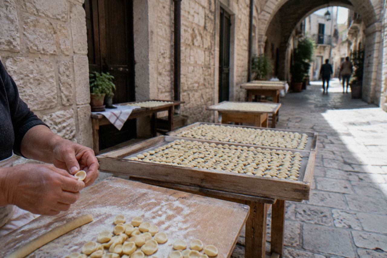 Handmade orecchiette drying on wooden trays on tables along a narrow old town lane, a pair of hands shaping pasta