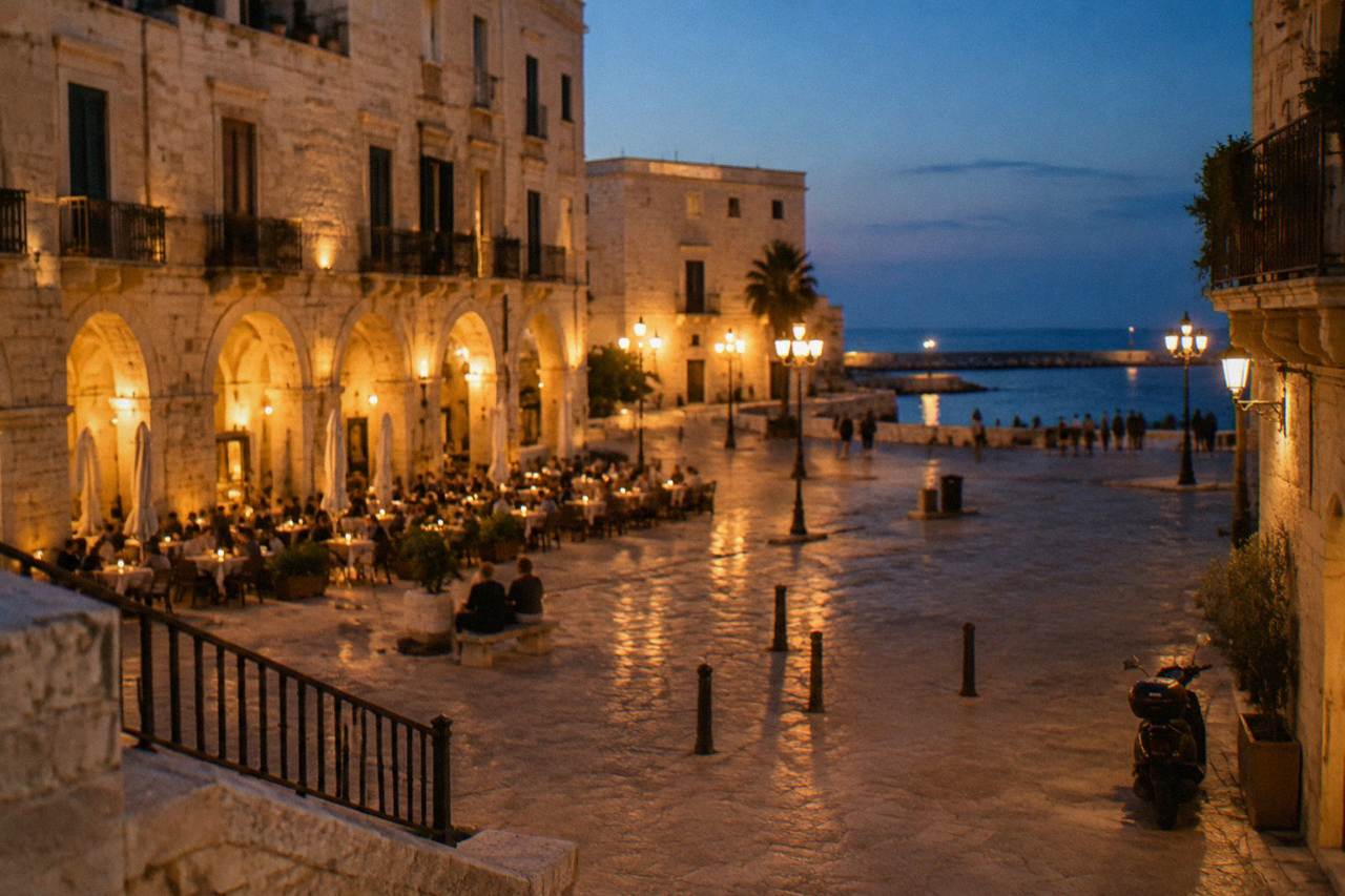 Evening piazza with warm light on cream walls, out-of-focus diners at tables and glowing market arches