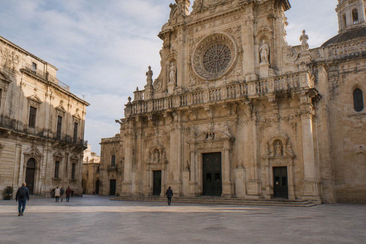 Richly carved baroque church facade of honey-coloured limestone with ornate balconies and a rose window
