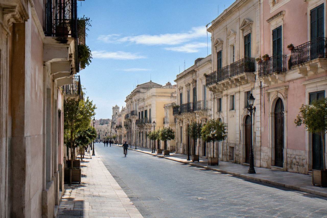 Elegant street with wrought-iron balconies and pastel stucco facades on a quiet morning