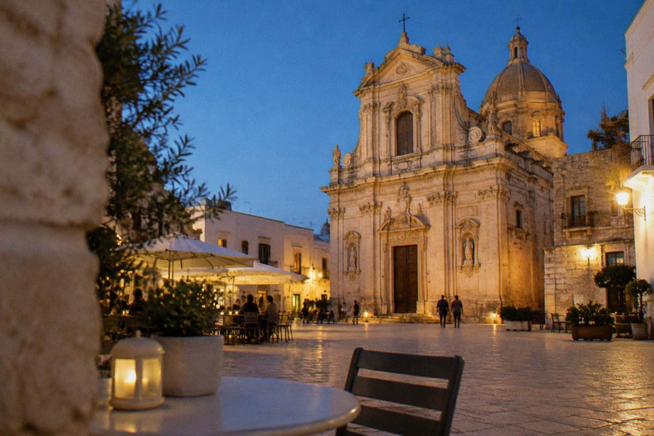 Baroque cathedral facade in warm pale stone on a small square with a dome behind and cafe tables