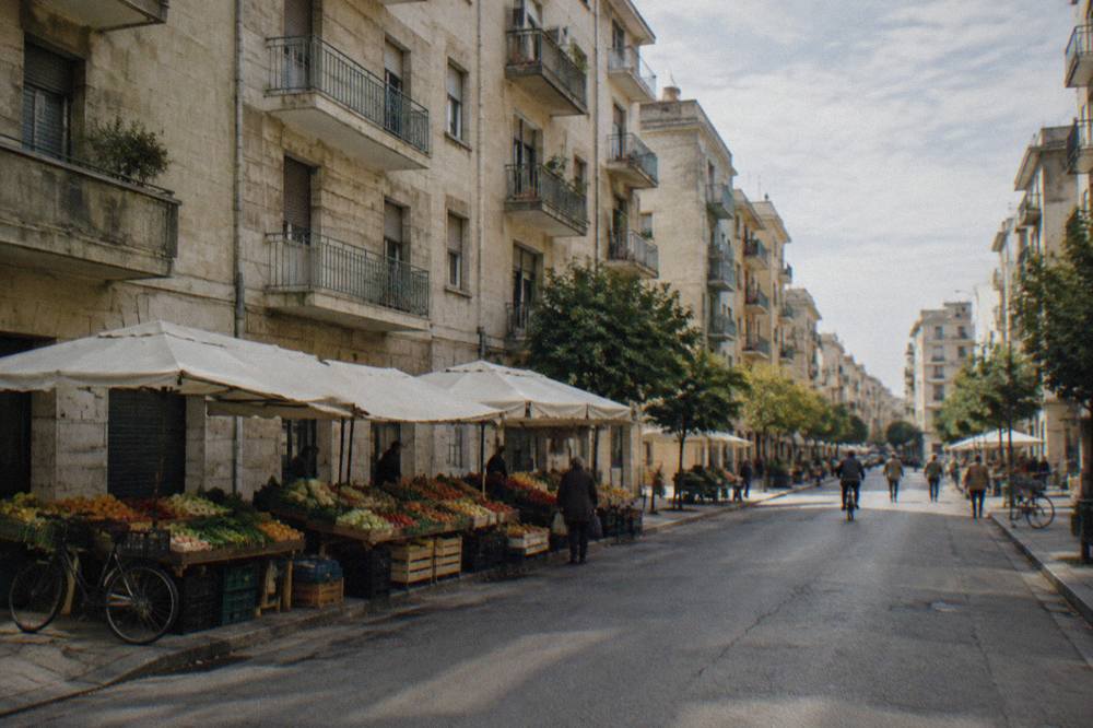 Residential street of apartment blocks with fruit and vegetable stalls under plain awnings and distant shoppers