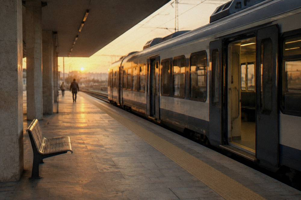 Railway platform at golden hour with a plain regional train waiting with open doors and an empty bench