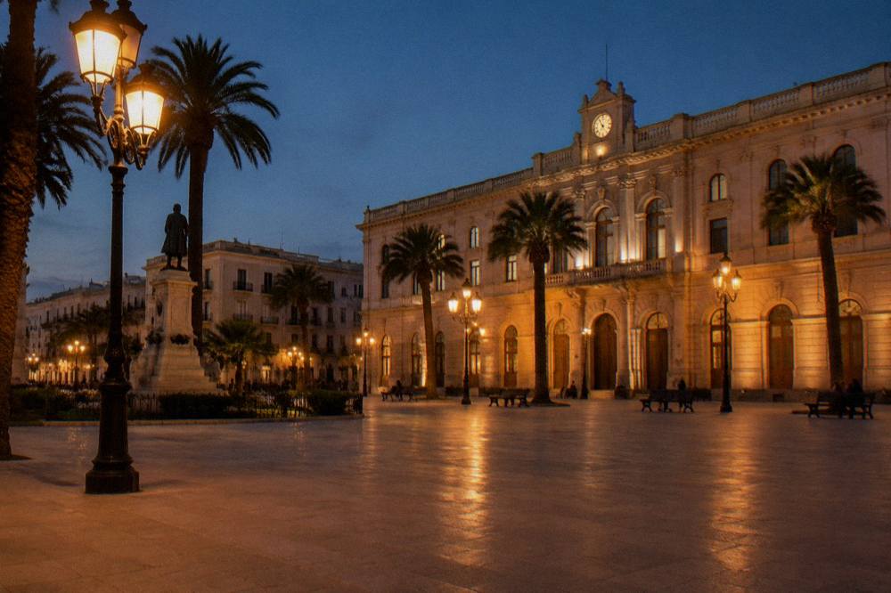 City square at evening with lit street lamps, distant people on benches and a warmly lit stone facade
