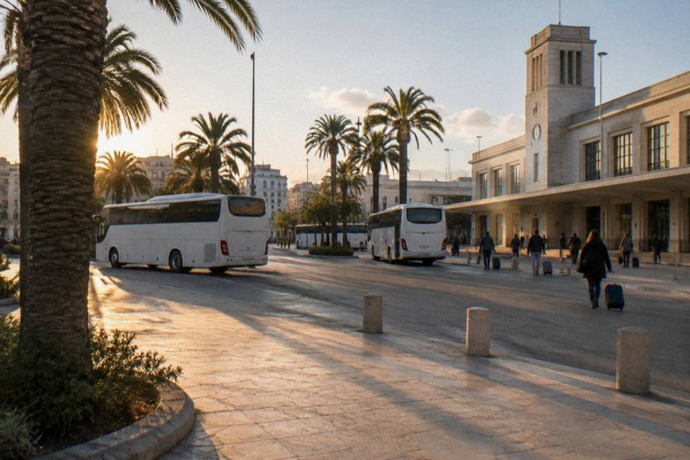 Station forecourt with plain white buses, palm trees and distant travellers with wheeled suitcases