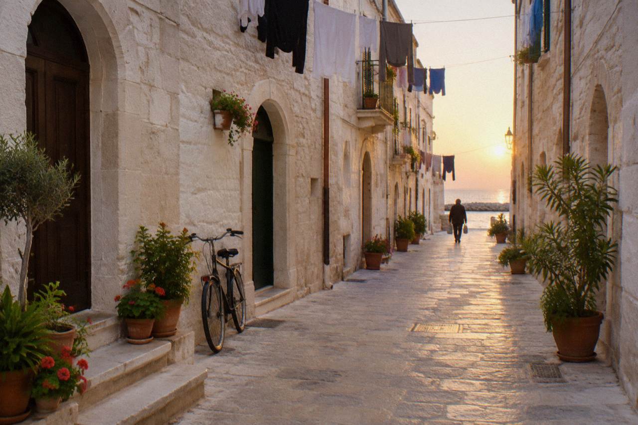 Narrow whitewashed old town lane with arched doorways, flower pots, washing overhead and a leaning bicycle in soft morning light