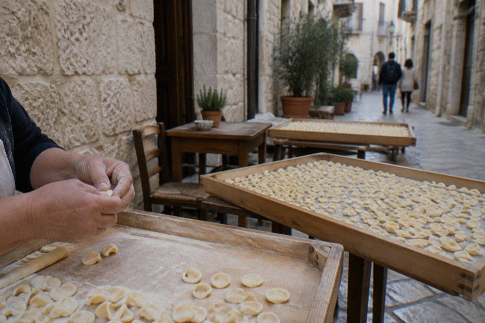Handmade orecchiette drying on wooden trays on tables along a narrow old town lane, a pair of hands shaping pasta