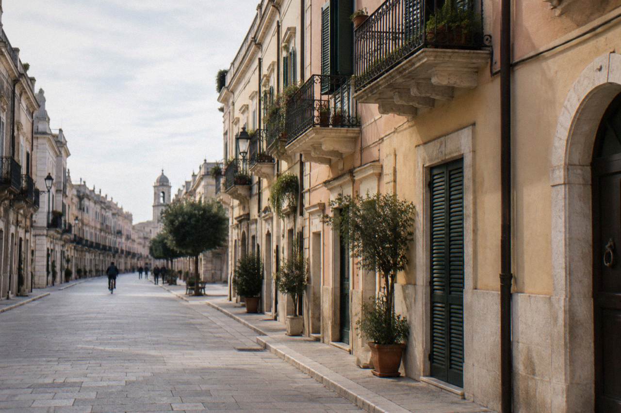 Elegant street with wrought-iron balconies and pastel stucco facades on a quiet morning