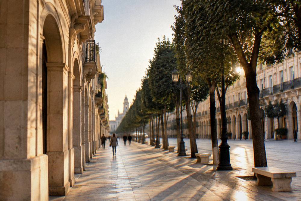 Long straight tree-lined boulevard of neoclassical buildings with arcaded ground floors