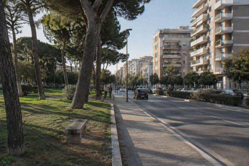Modern residential district with mid-rise apartment blocks, a broad avenue and a small park with pines