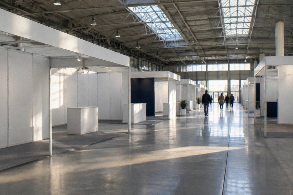 Large empty exhibition hall with a high roof, a polished floor and pale daylight from skylights