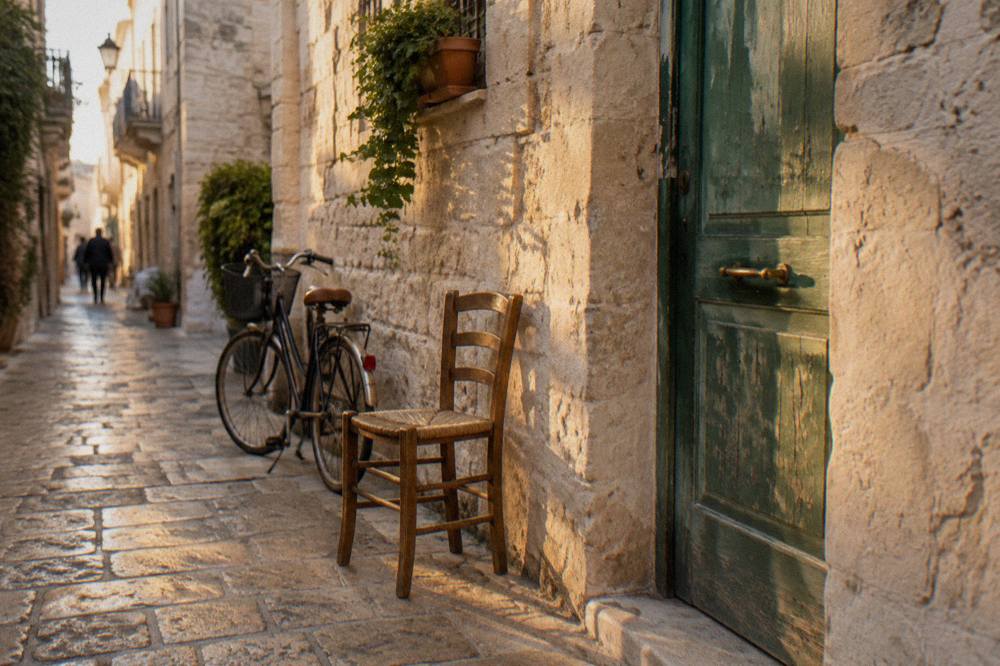 Faded green wooden door in a pale limestone wall with a chair and a bicycle beside it