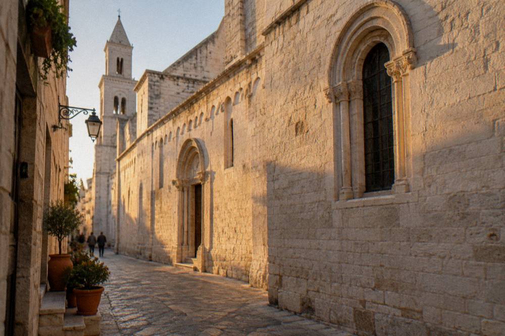Long pale limestone flank of a Romanesque church seen from a narrow old-town lane with pots on a doorstep