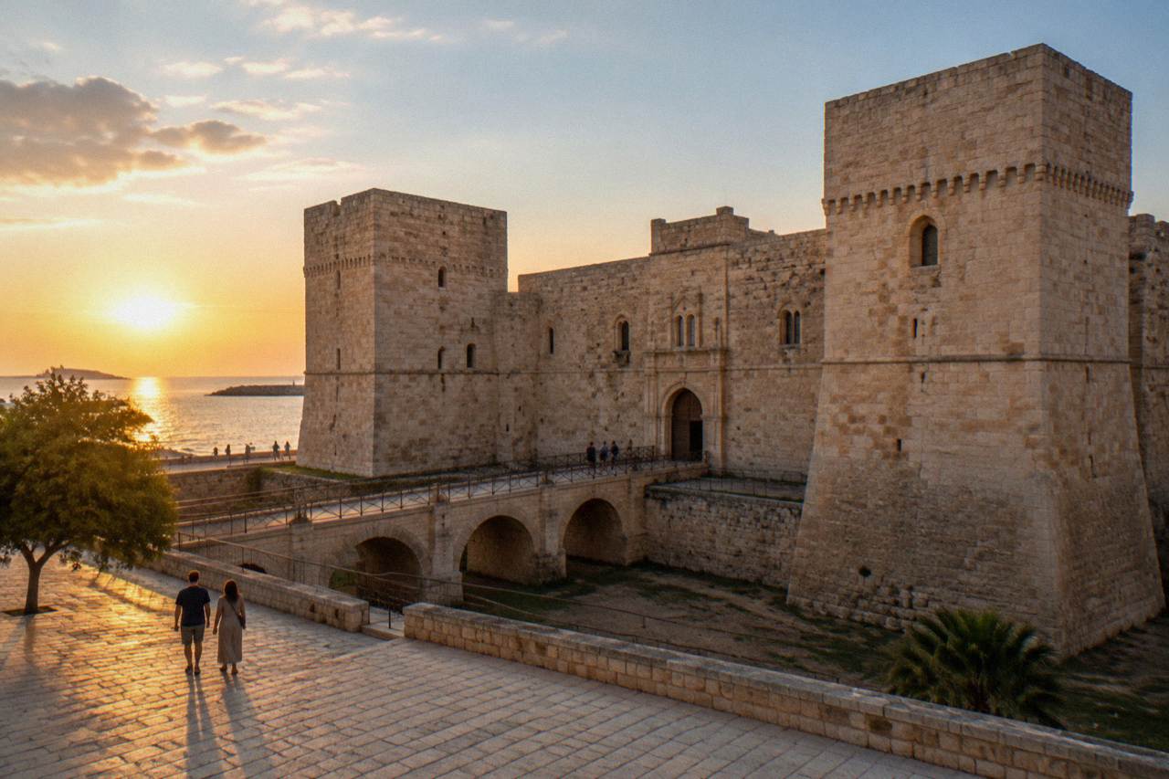 Massive square pale limestone fortress with corner towers, a dry moat and a bridge leading to an arched gate
