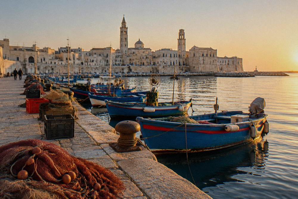 Old harbour pier with small wooden fishing boats, crates and nets and the pale old town skyline with two towers behind