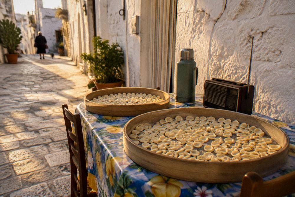 Lane-side table with sieves of drying orecchiette, a thermos and a radio against a whitewashed wall